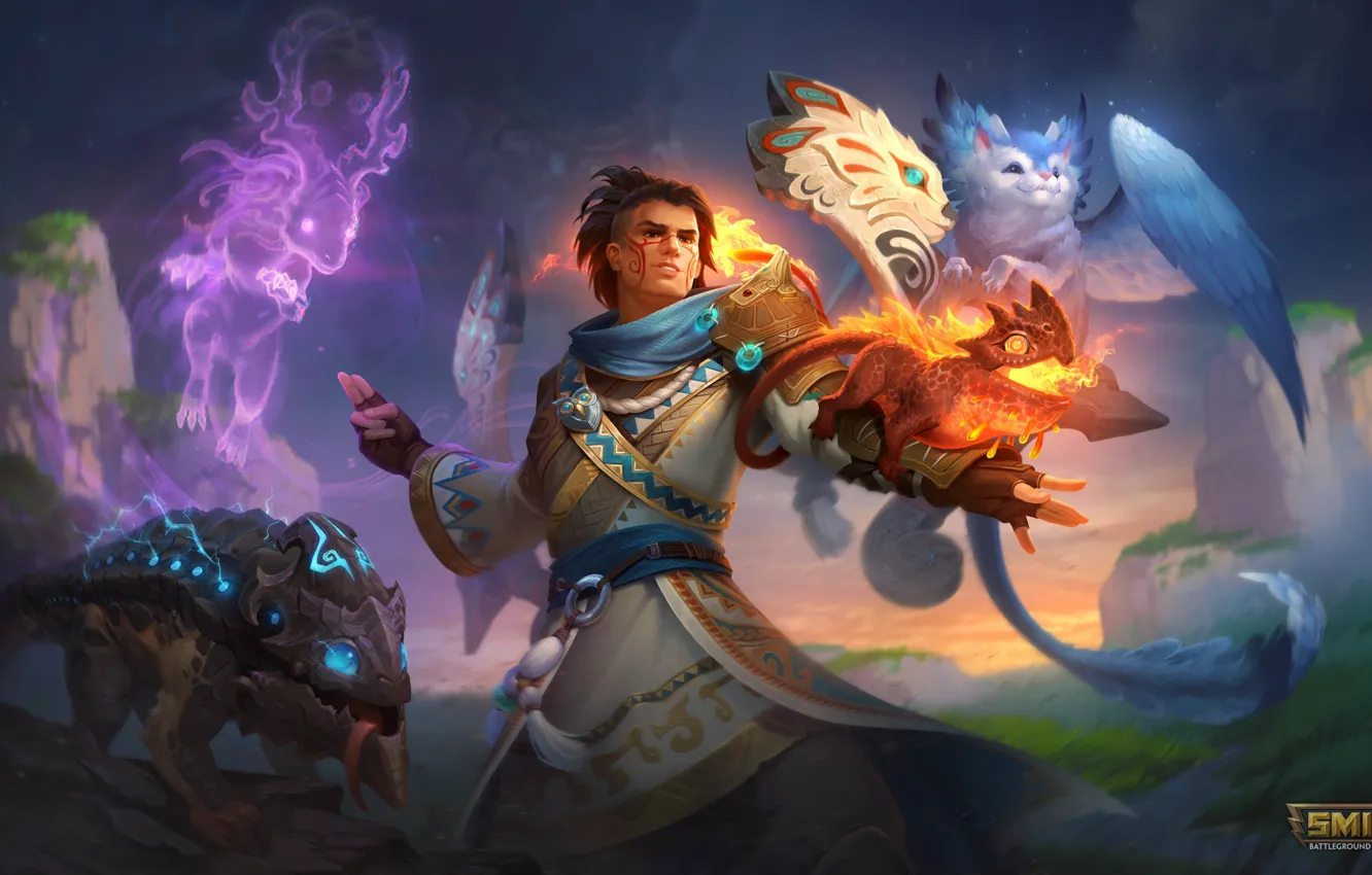 Фото обои парень, Smite, Hou Yi, Волшебные животные