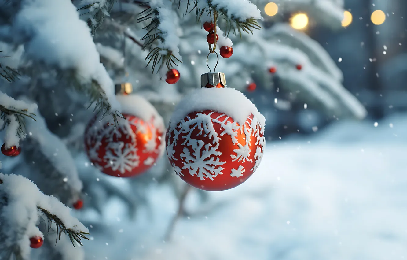 Фото обои зима, снег, украшения, шары, елка, Рождество, Новый год, Christmas