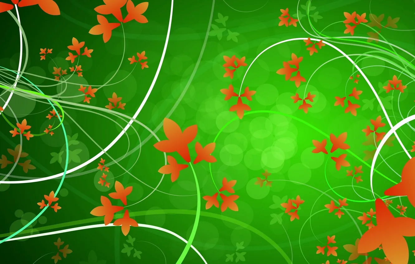 Фото обои листья, линии, круги, оранжевый, зеленый, узоры, вектор, изгибы