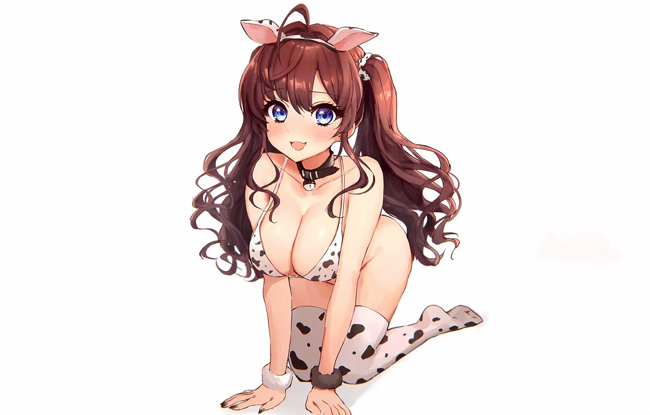 Фото обои girl, sexy, cleavage, long hair, brown hair, boobs, anime, beautiful
