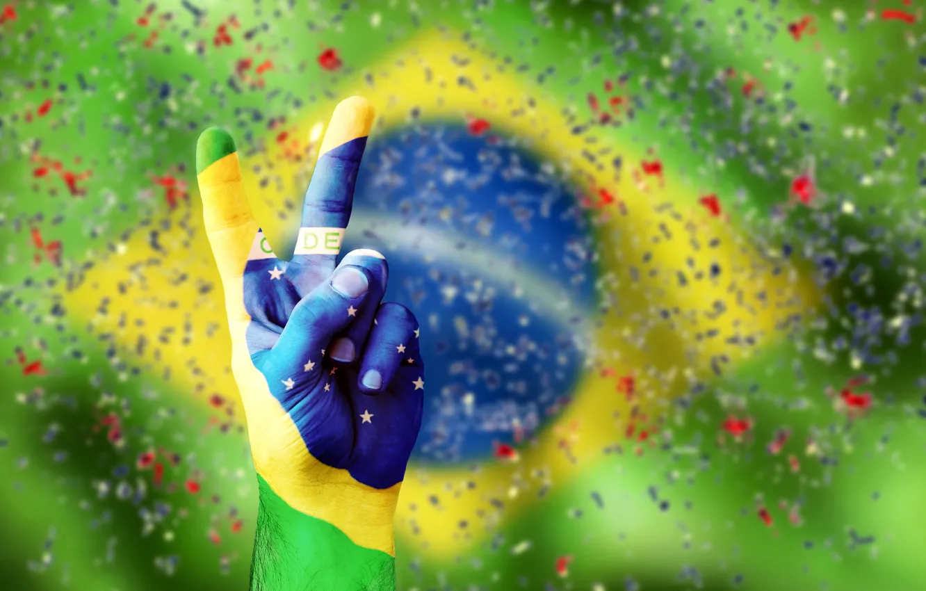 Фото обои рука, конфетти, flag, brasil, vicrtory, флаг бразилии