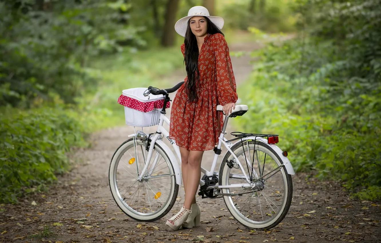 Фото обои девушка, природа, велосипед