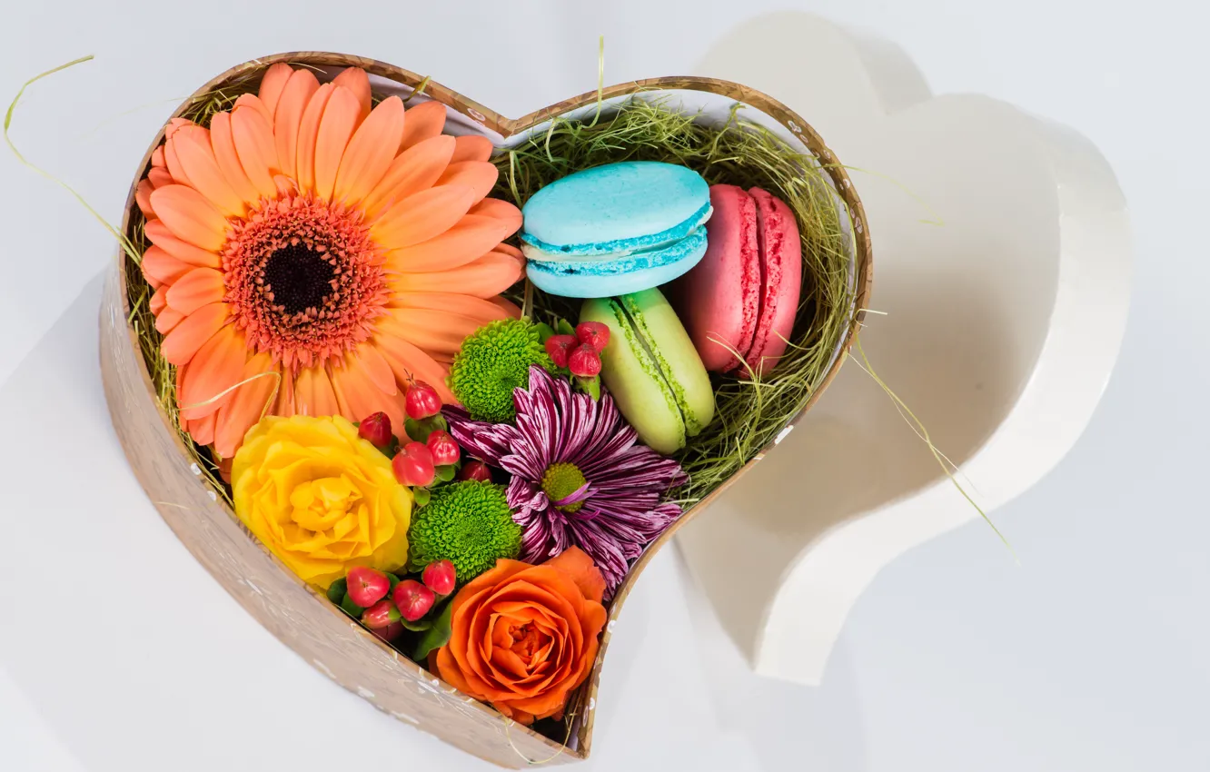 Фото обои цветы, коробка, подарок, сердечко, box, flower, dessert, candy