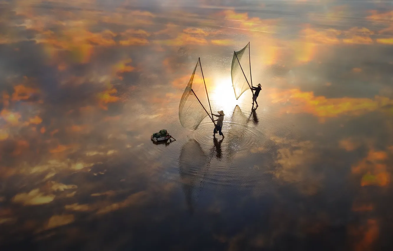 Фото обои закат, сети, рыбалка, мель