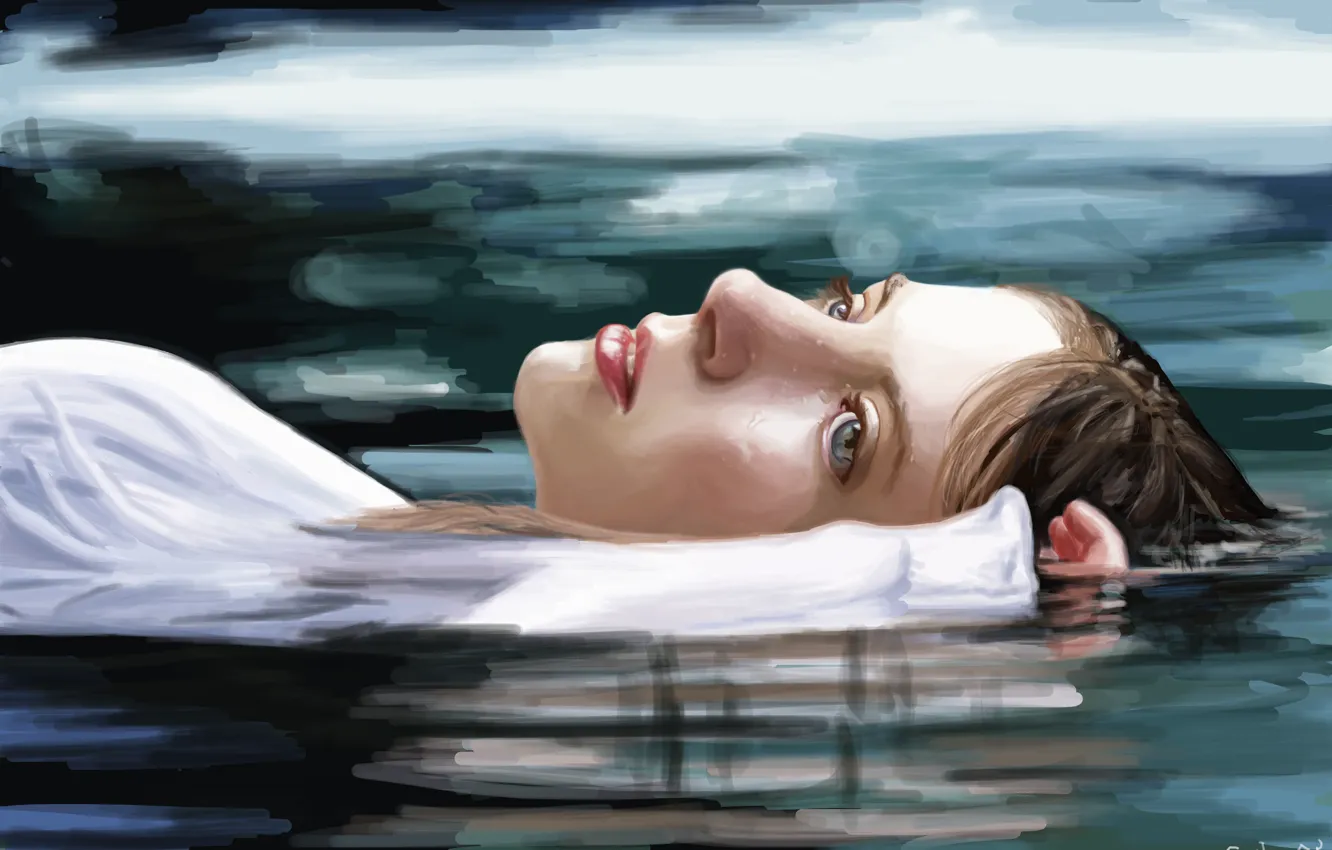 Фото обои вода, девушка, лицо, отражение, рука, арт, лежит, голубые глаза