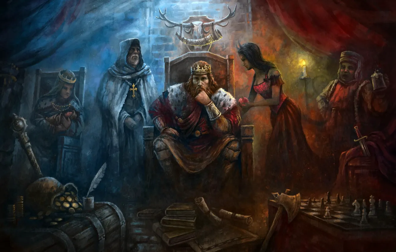 Фото обои axe, game, gold, weapon, woman, crown, man, blade