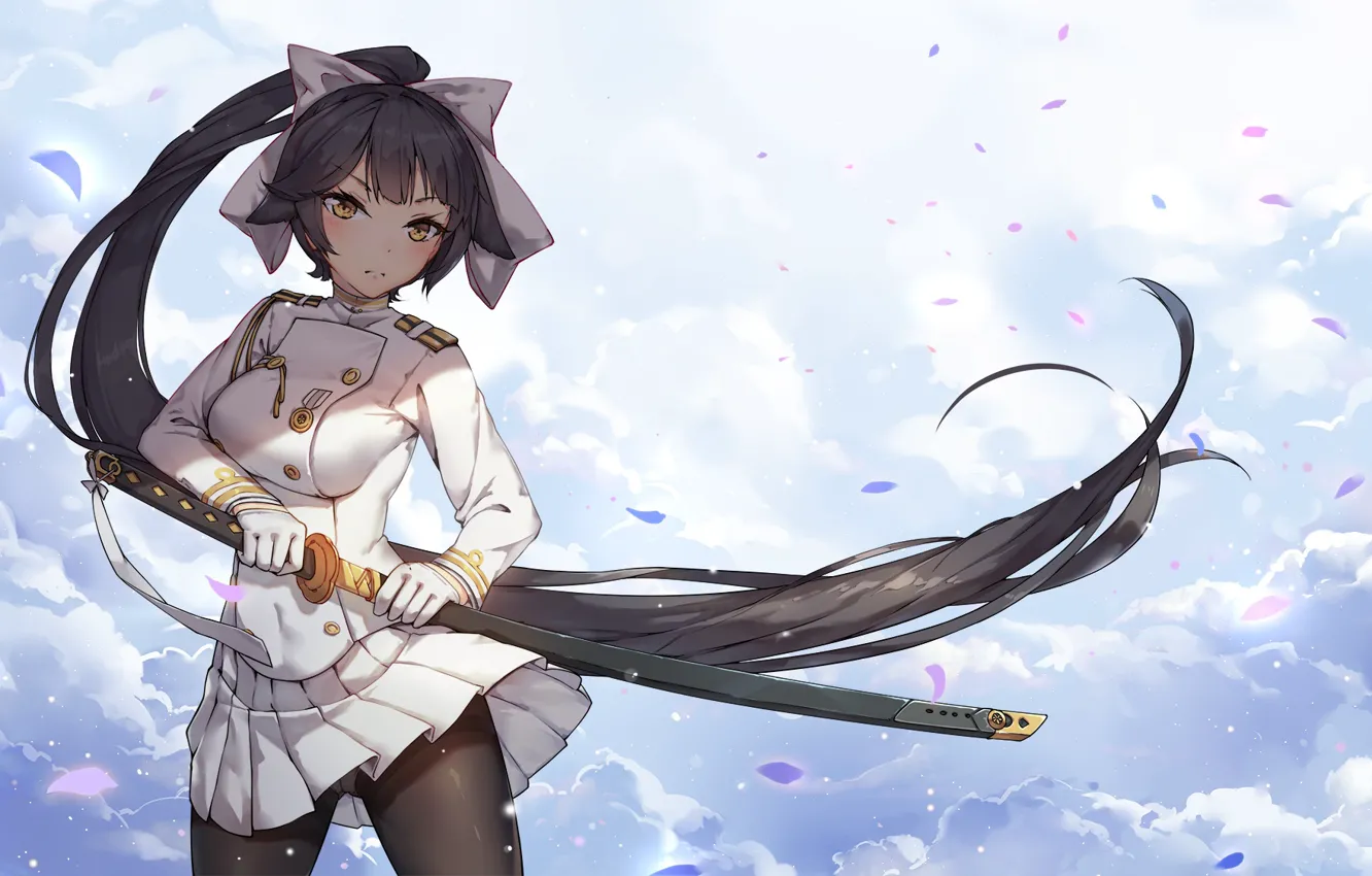 Фото обои девушка, облака, меч, лепестки, Azur Lane