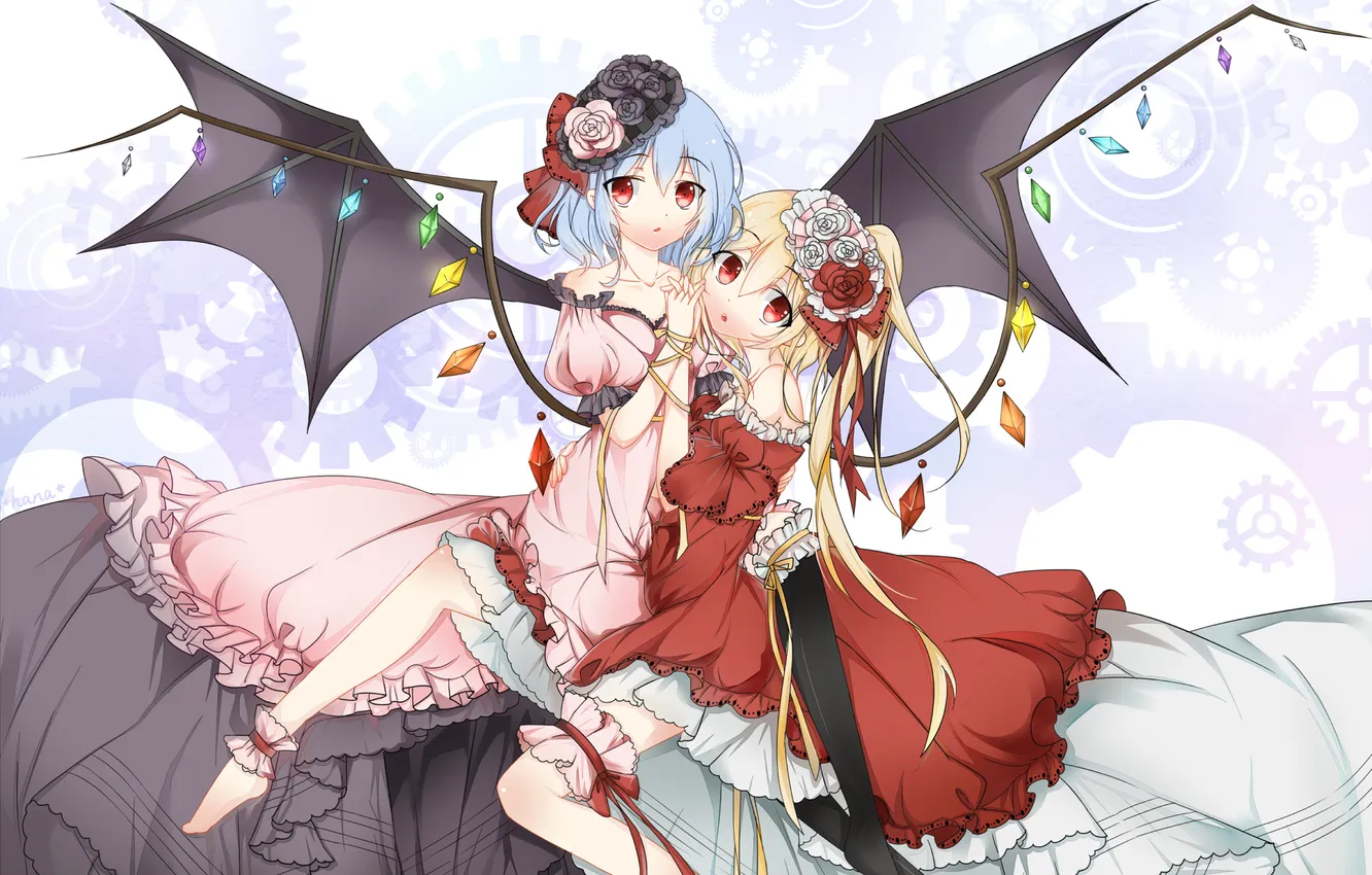 Фото обои девушки, крылья, чулки, платье, вампир, touhou, remilia scarlet, обнимаются