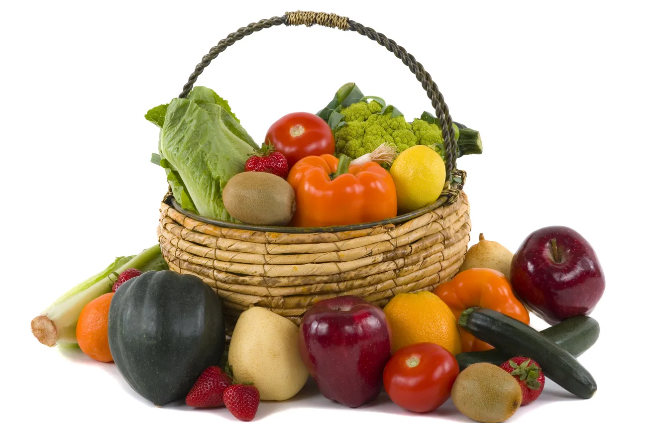 Фото обои корзина, овощи, фрукты. ягоды