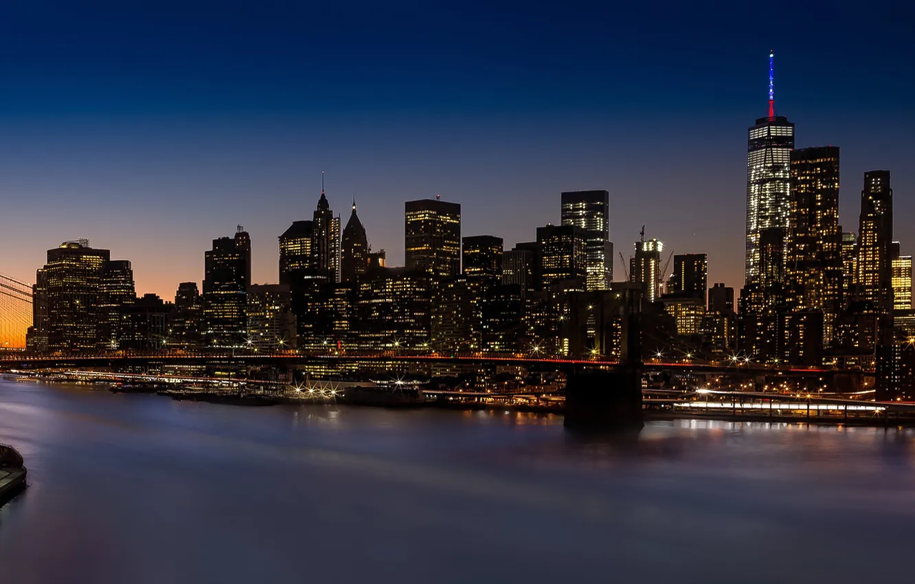 Фото обои City, Bridge, Water, Brooklyn, Sunset, New York, NYC, Long