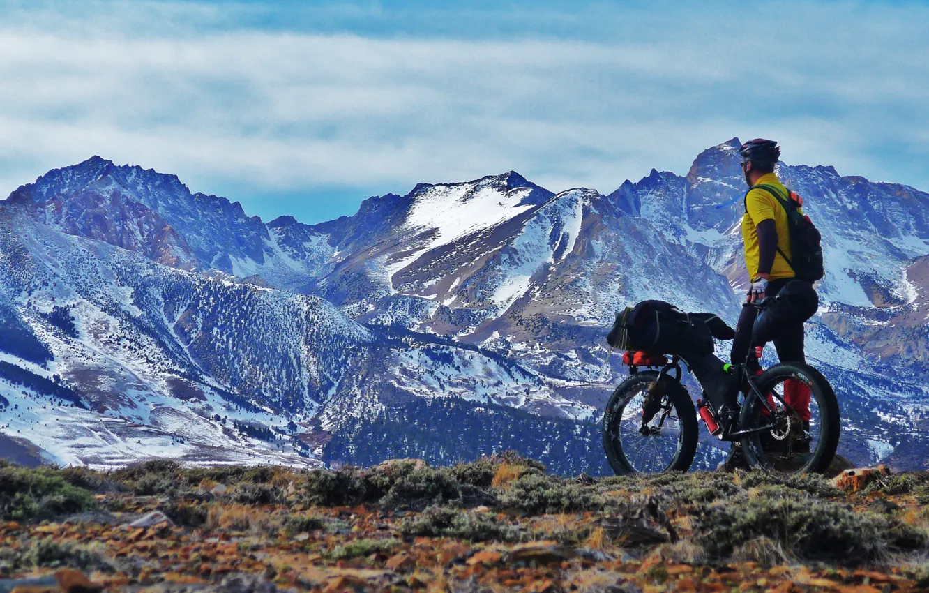 Фото обои горы, природа, спортсмен, велосипедист, mountain bike