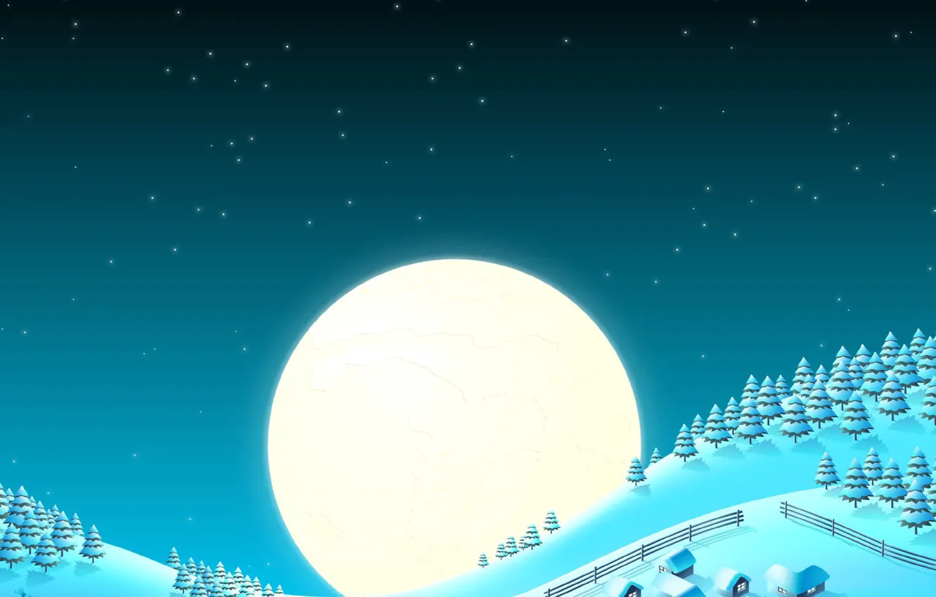 Фото обои снег, луна, елки, новый год