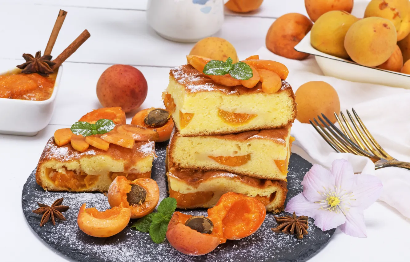 Фото обои пирог, корица, выпечка, абрикосы, пряности, бисквит