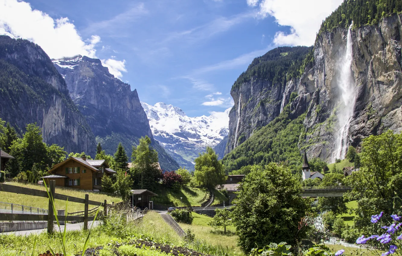 Фото обои горы, водопад, Швейцария, Альпы, Лаутербруннен, Штауббах