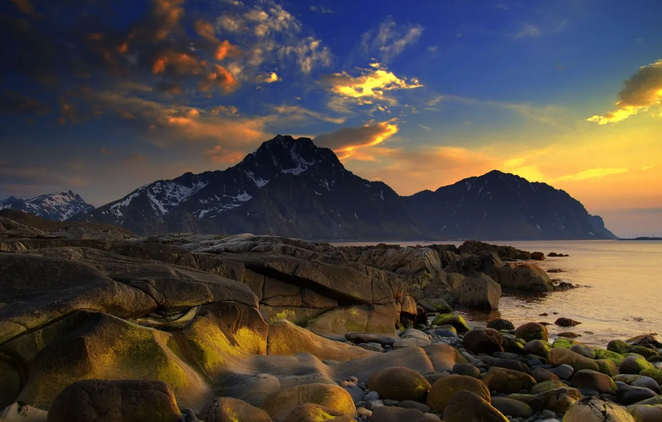 Фото обои небо, закат, природа, скалы, берег