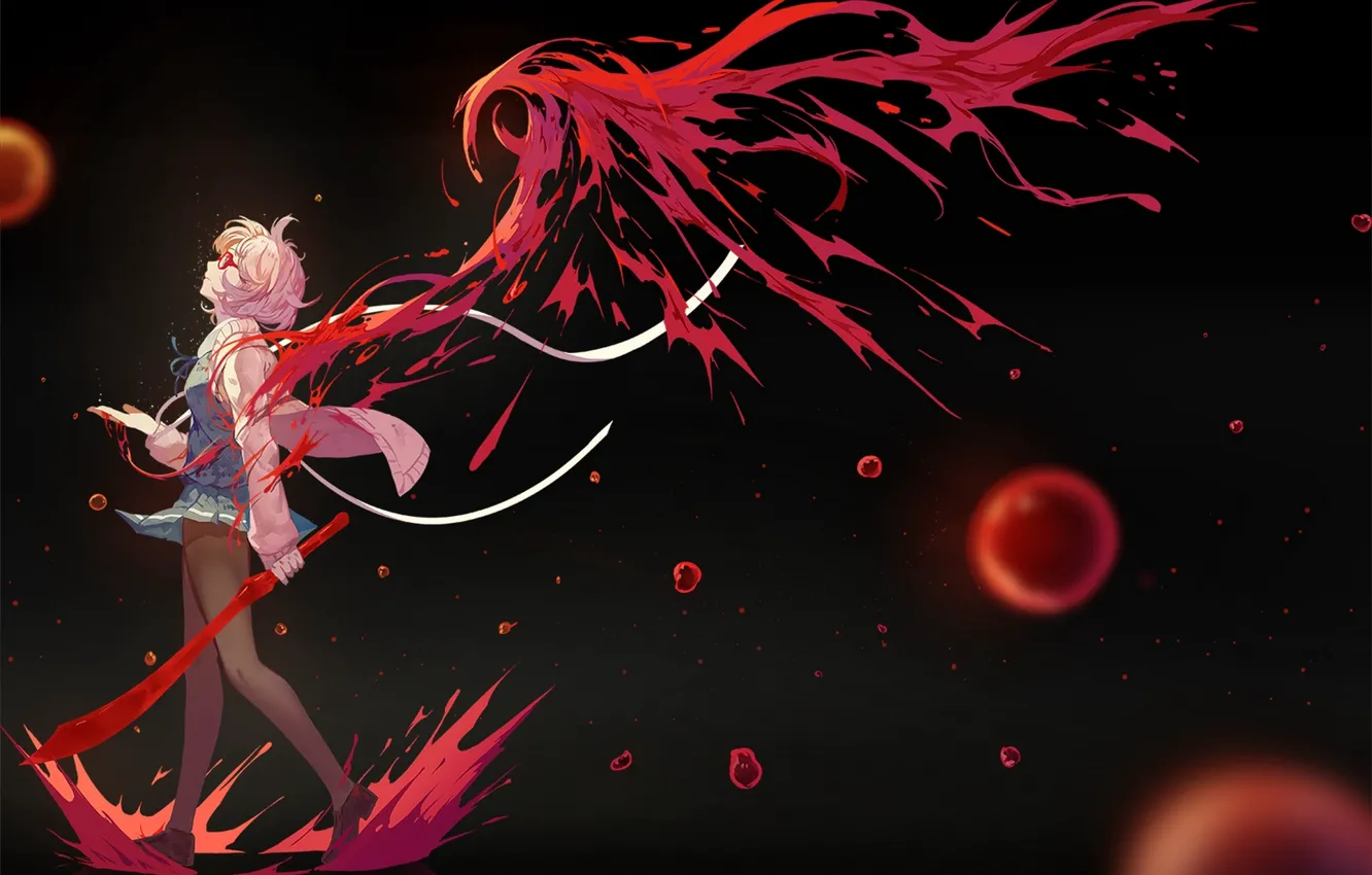 Фото обои девушка, оружие, кровь, крылья, меч, аниме, арт, очки