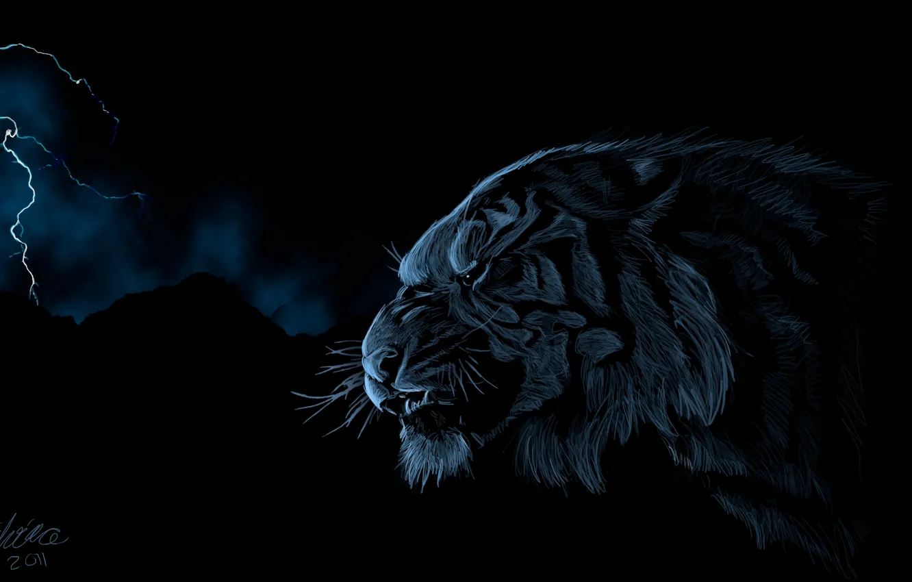 Фото обои тигр, молния, хищник, голова, арт