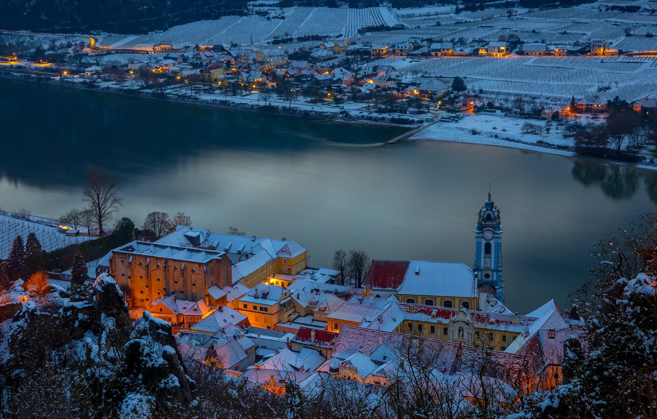 Фото обои снег, река, здания, дома, Австрия, панорама, Austria, Danube River