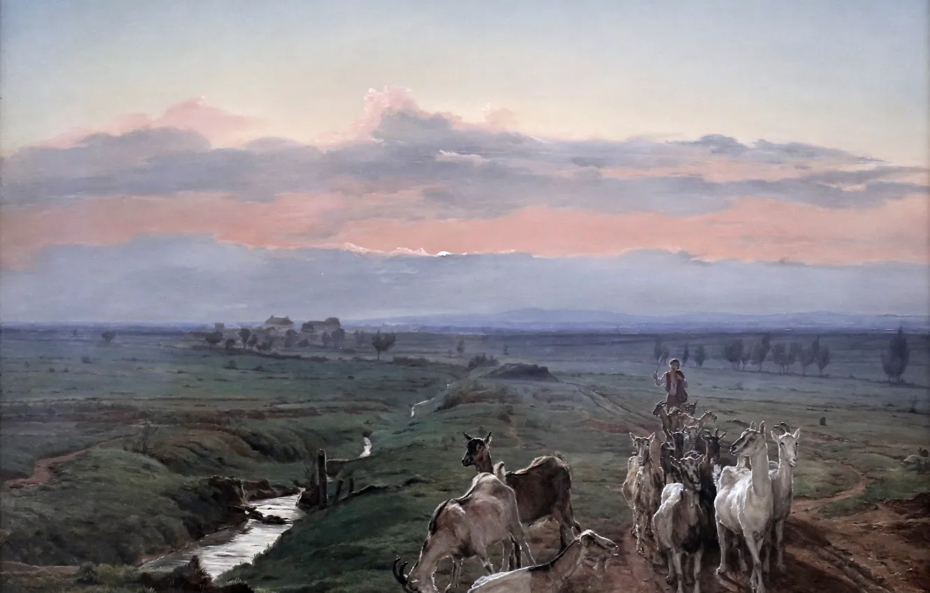 Фото обои Мюнхен, morning landscape and herd of goats, картинная галерея, Фердинанд Георг Вальдмюллер, Neue Pinakothek, Ferdinand …