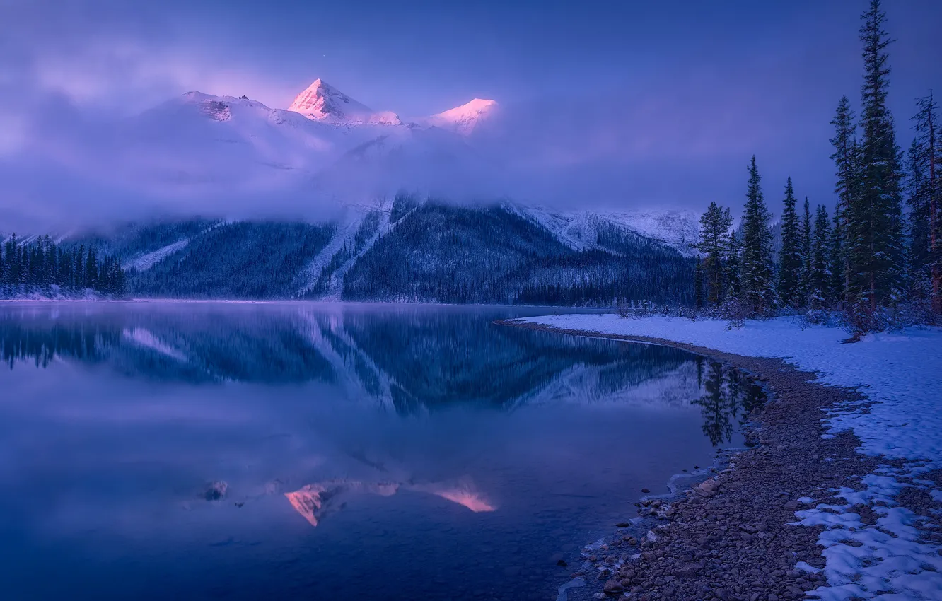 Фото обои зима, деревья, горы, озеро, отражение, Канада, Онтарио, Canada