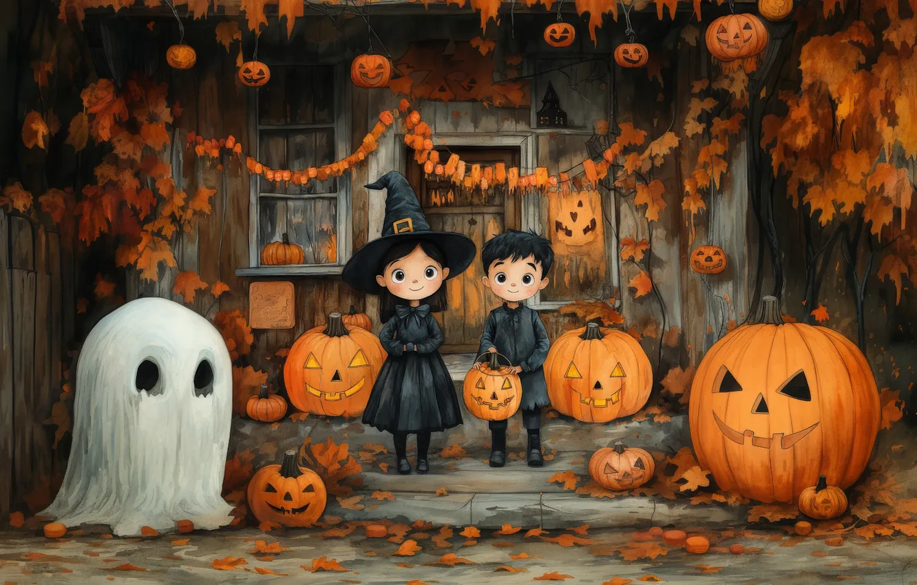 Фото обои осень, дети, праздник, декорации, привидение, ИИ-арт, НЕЙРОСЕТЬ, дом