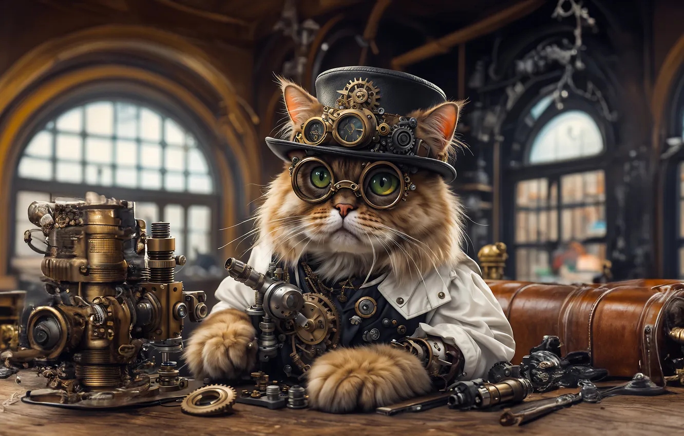 Фото обои кошка, кот, металл, стол, завод, окна, портрет, шляпа