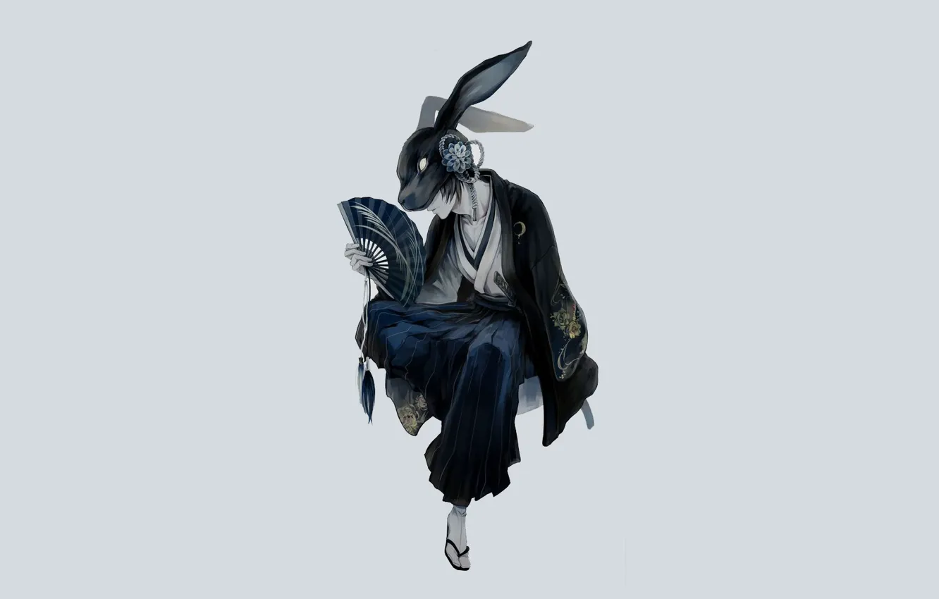 Фото обои минимализм, кролик, маска, веер, парень, ушки