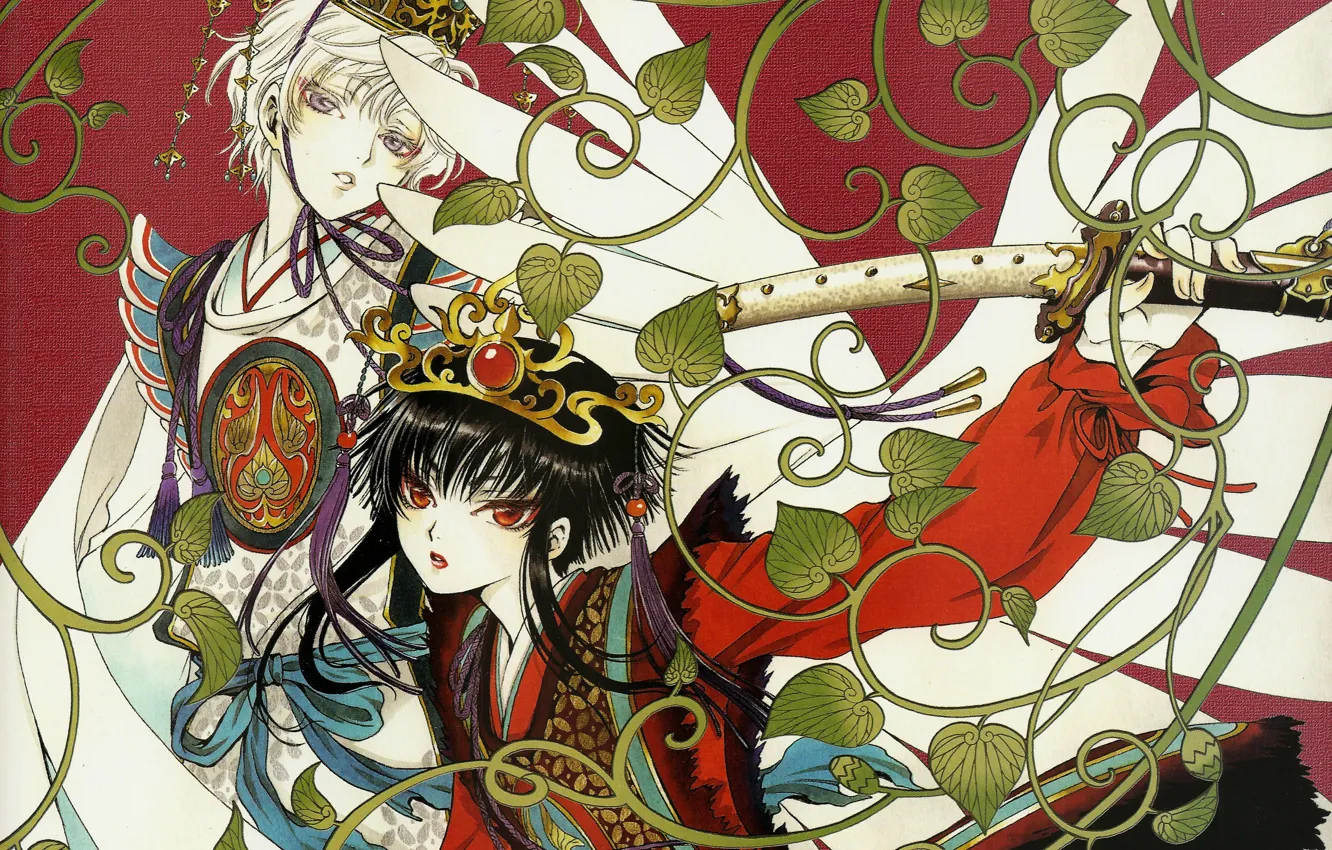 Фото обои листья, катана, корона, красные глаза, Hana, рукоятка, белые крылья, Tkugawa Lemitsu