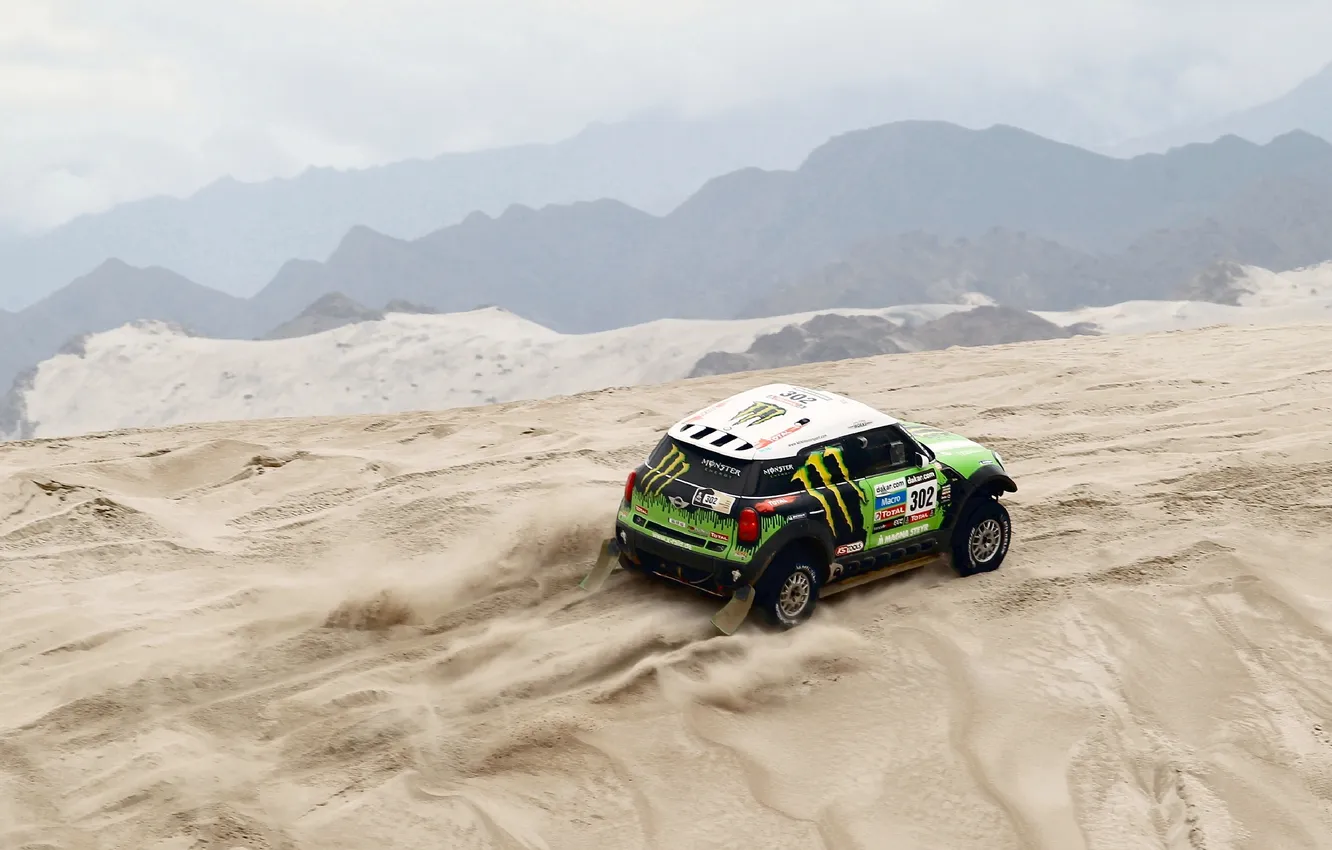 Фото обои Песок, Спорт, Зеленый, Машина, Mini Cooper, Rally, Dakar, MINI