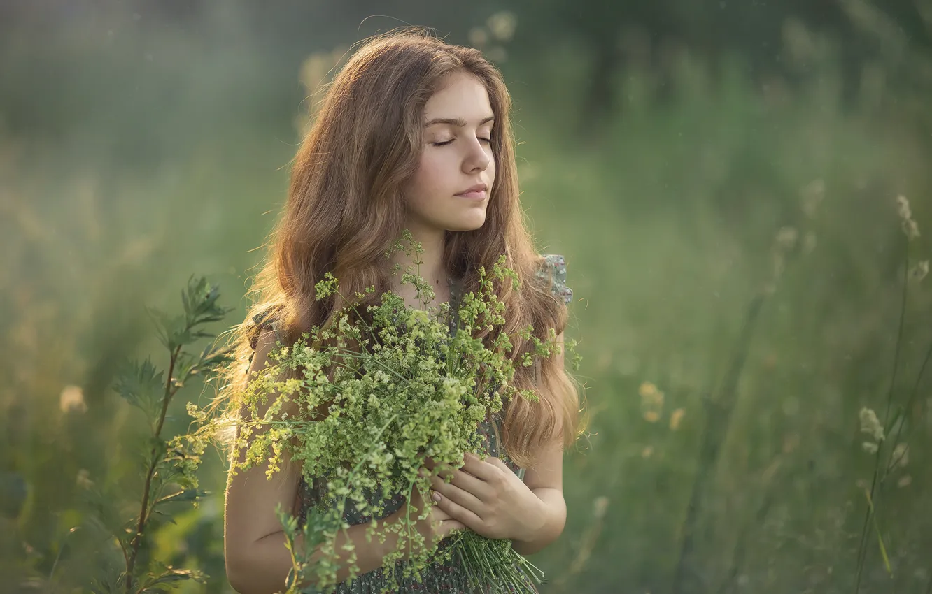 Фото обои лето, девушка, природа, девочка, травы, букетик, подросток, Chudak Irena