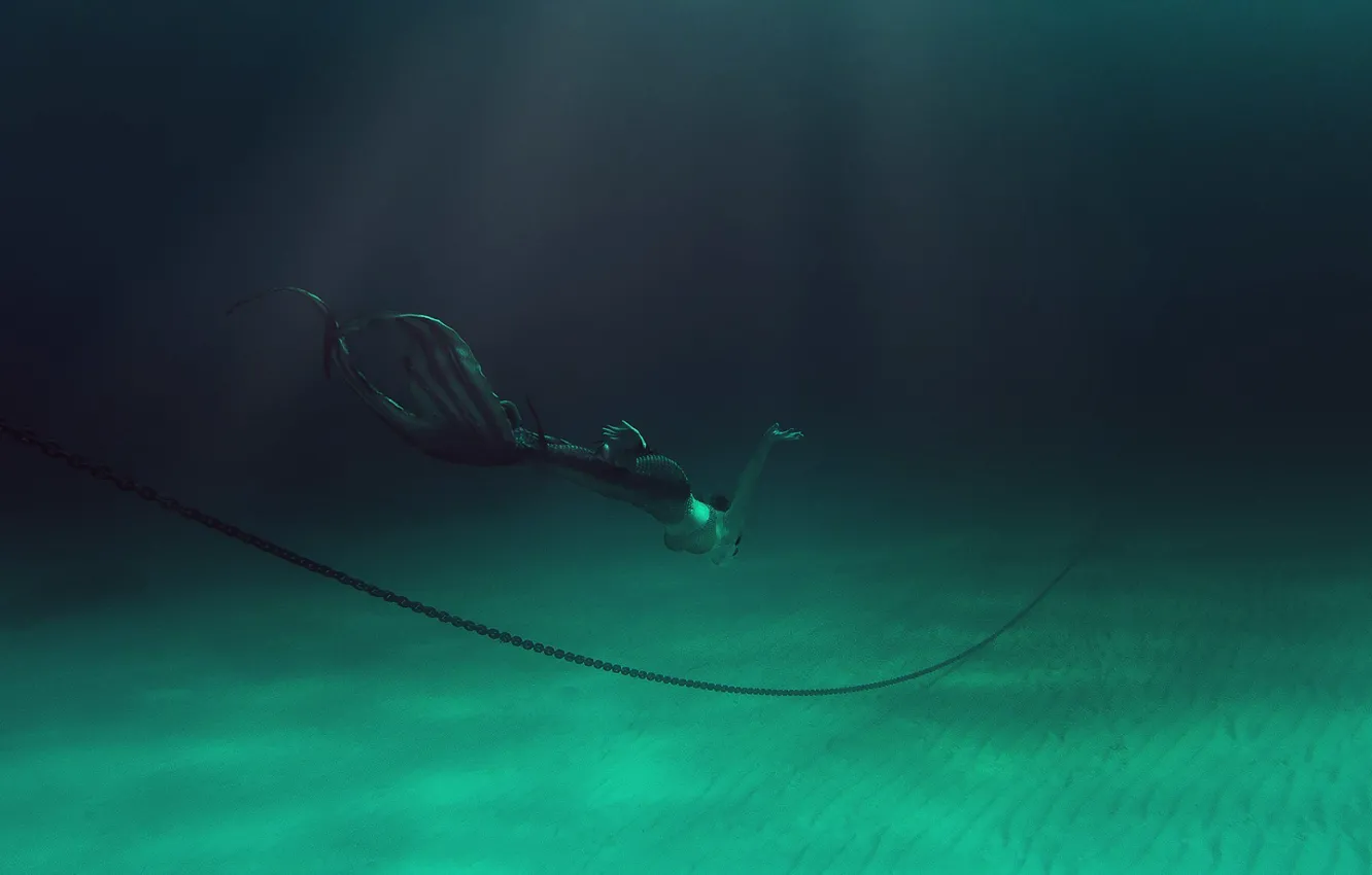 Фото обои море, девушка, русалка, дно, дыхание, цепь, костюм, хвост