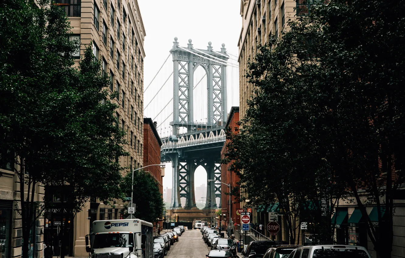Фото обои дорога, машины, улица, здания, USA, Бруклинский мост, New York