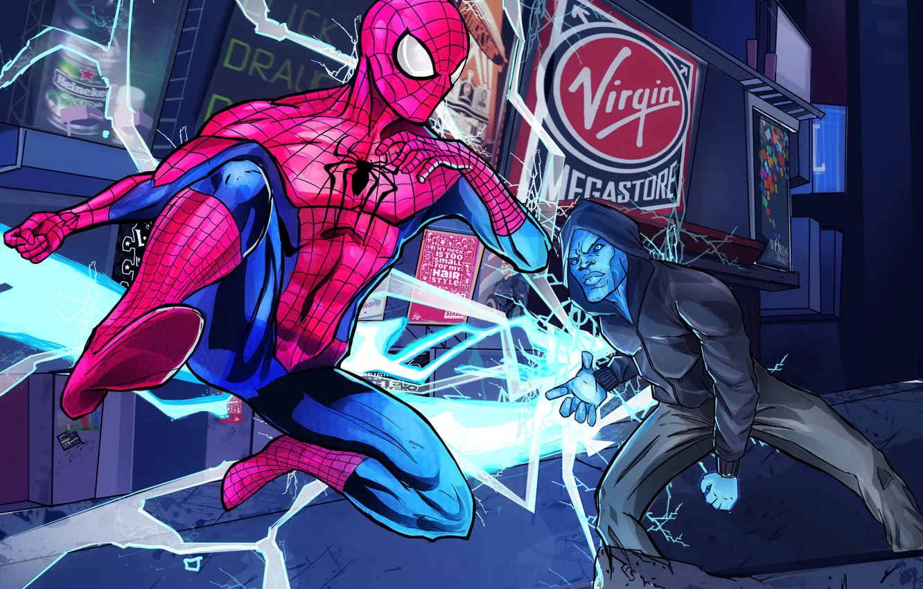 Фото обои electro, fight, spider man, the amazing spider man 2