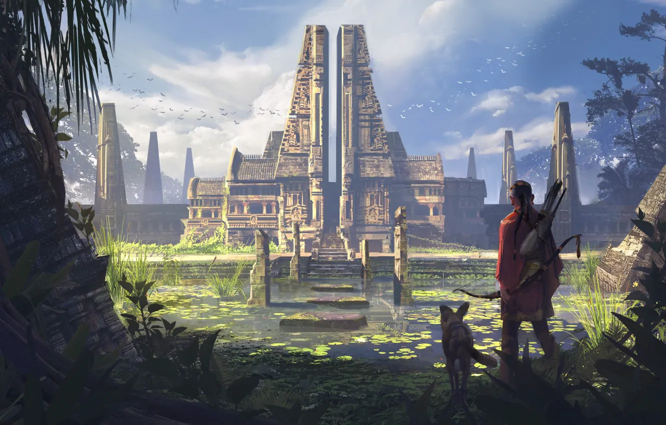 Фото обои собака, храм, водоём, Ancient Temple, абориген