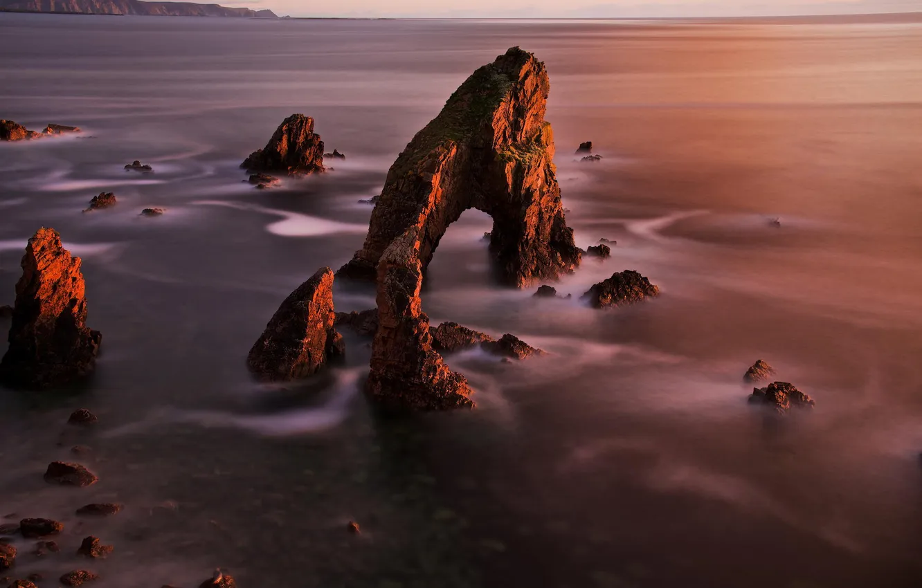 Фото обои море, пейзаж, скала, скалы, рассвет, арка