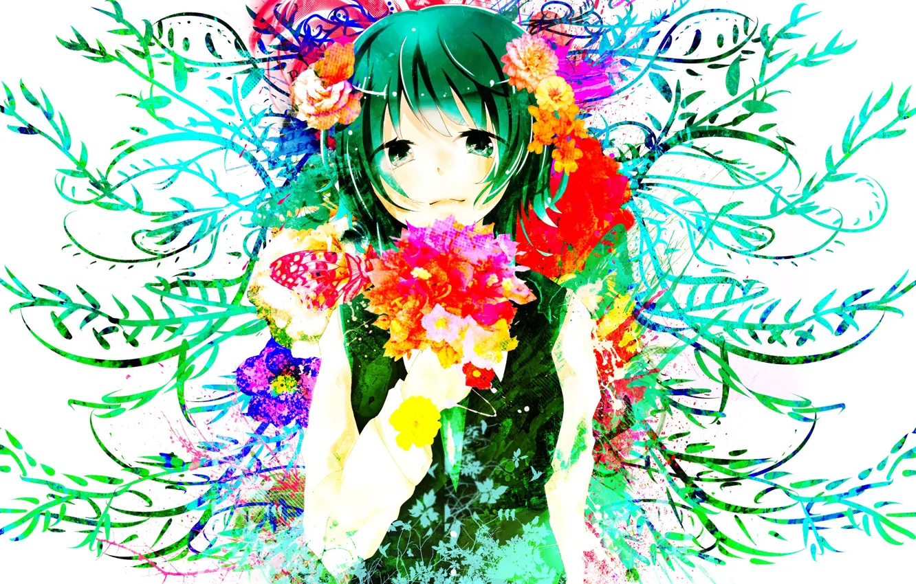 Фото обои девушка, цветы, бабочка, аниме, арт, vocaloid, вокалоид, gumi