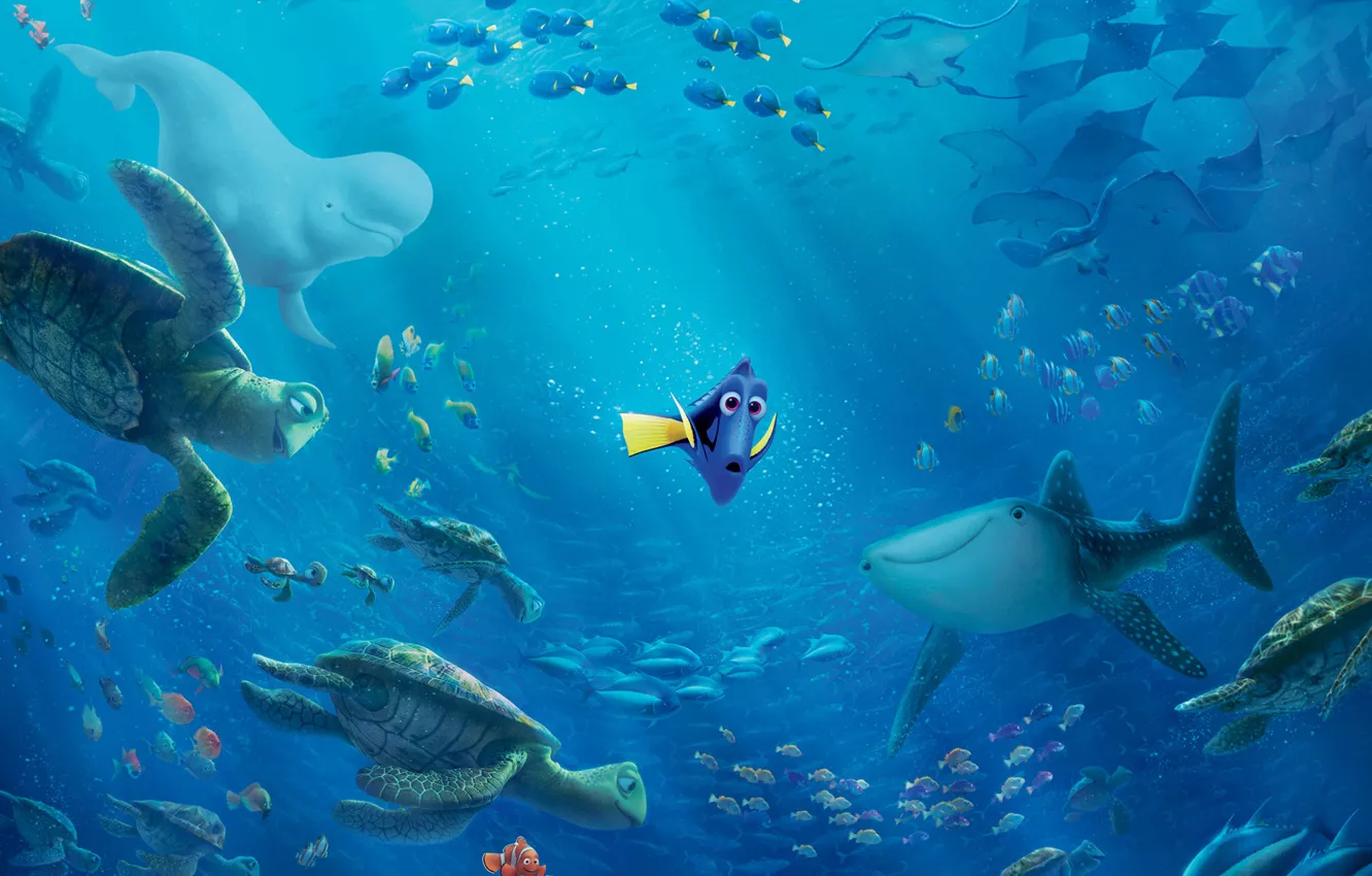 Фото обои море, рыбы, пузырьки, океан, мультфильм, рыбка, акула, кит