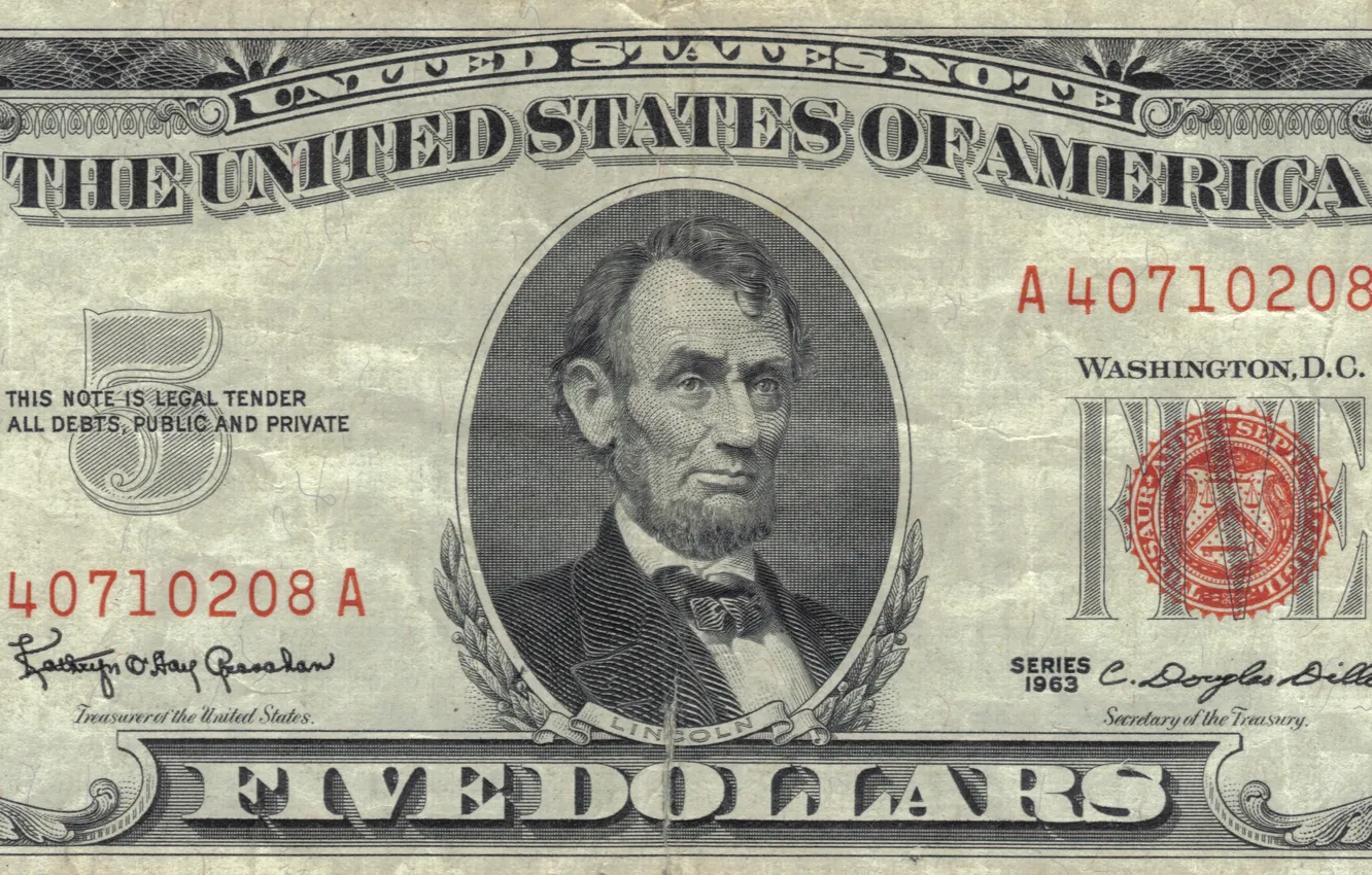 Фото обои Lincoln, red, note, five, dollar, united, reserve, dolar