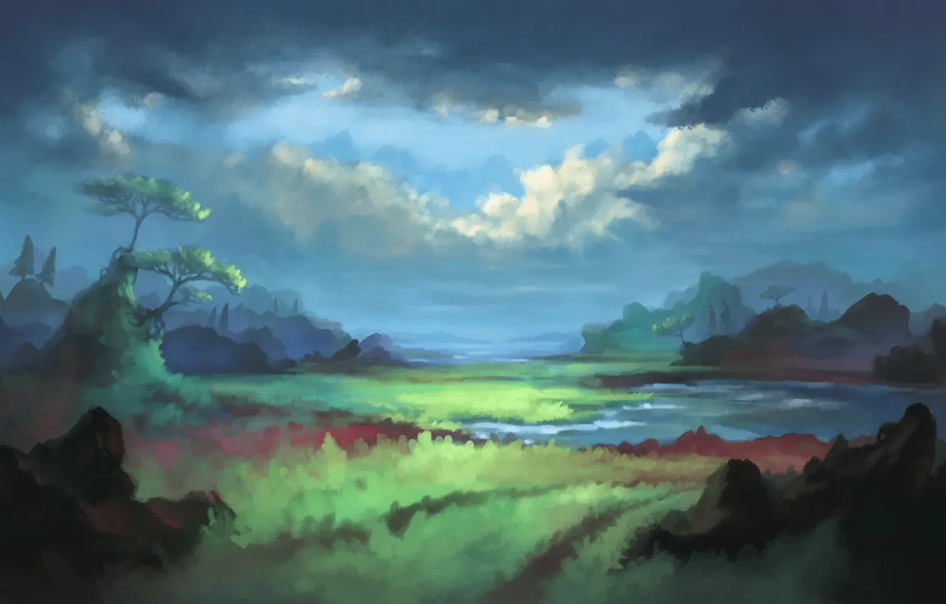 Фото обои трава, облака, деревья, река, скалы, нарисованный пейзаж