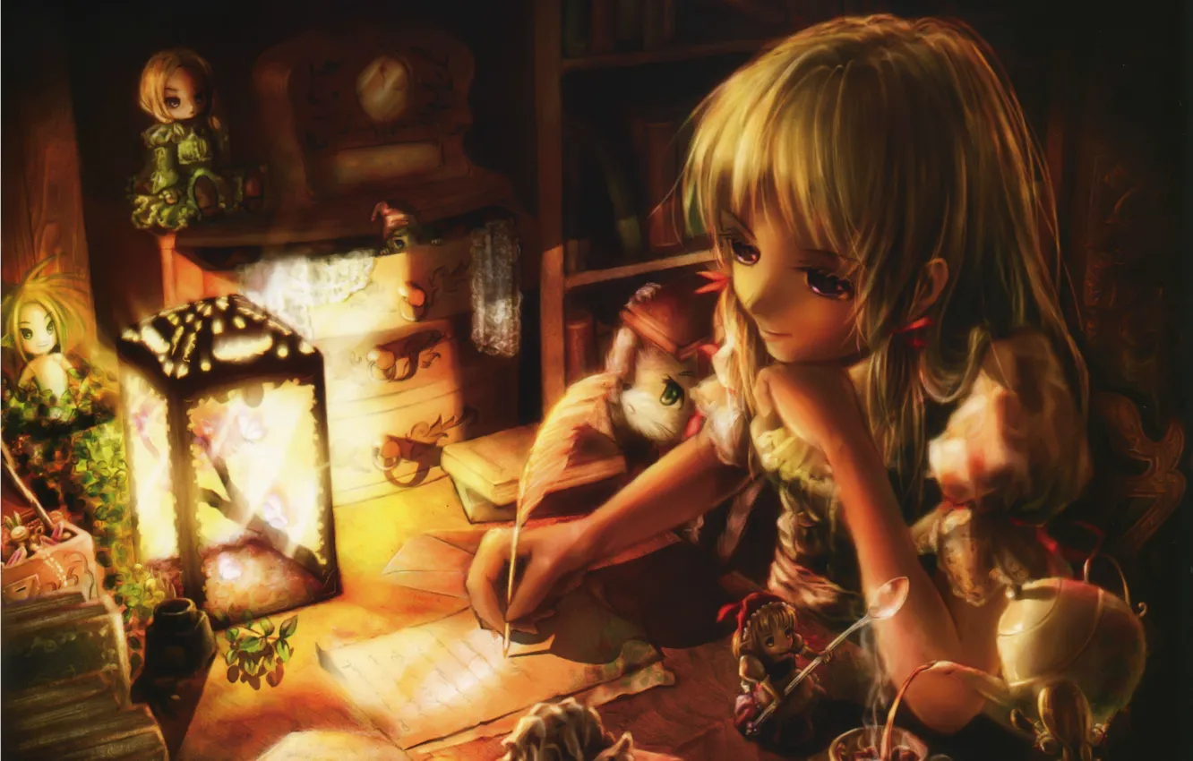 Фото обои письмо, комната, часы, книги, куклы, чайник, девочка, фонарь