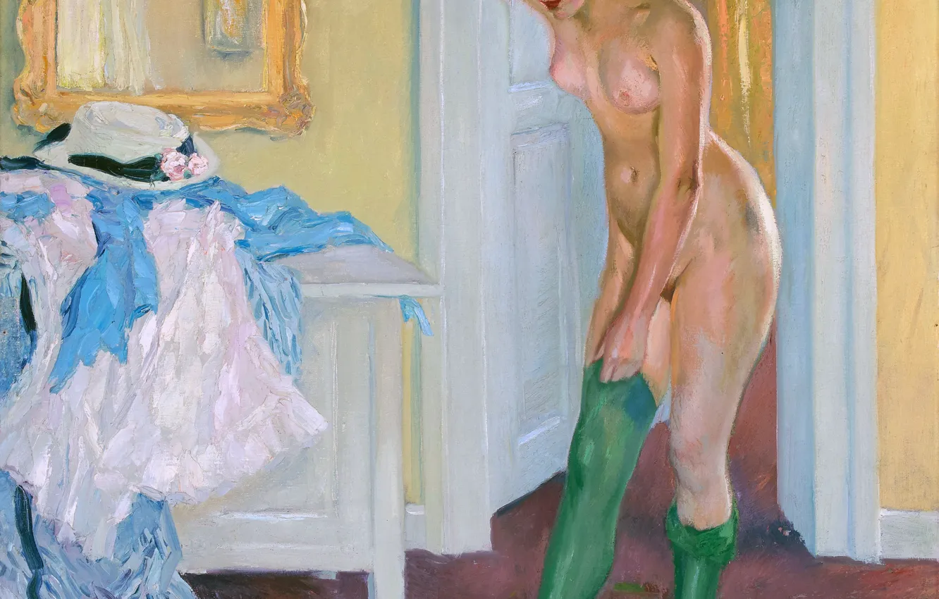 Фото обои Девушка, Картина, Обнажена, Edward Cucuel, Американский художник-импрессионист, Эдвард Кукуэль, Зеленые чулки