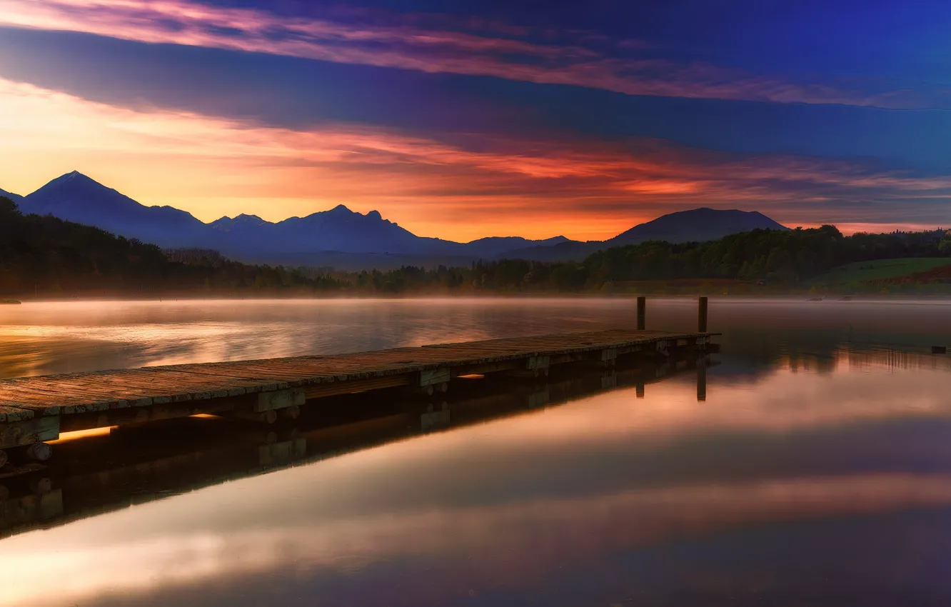 Фото обои горы, пирс, мостик, водоем