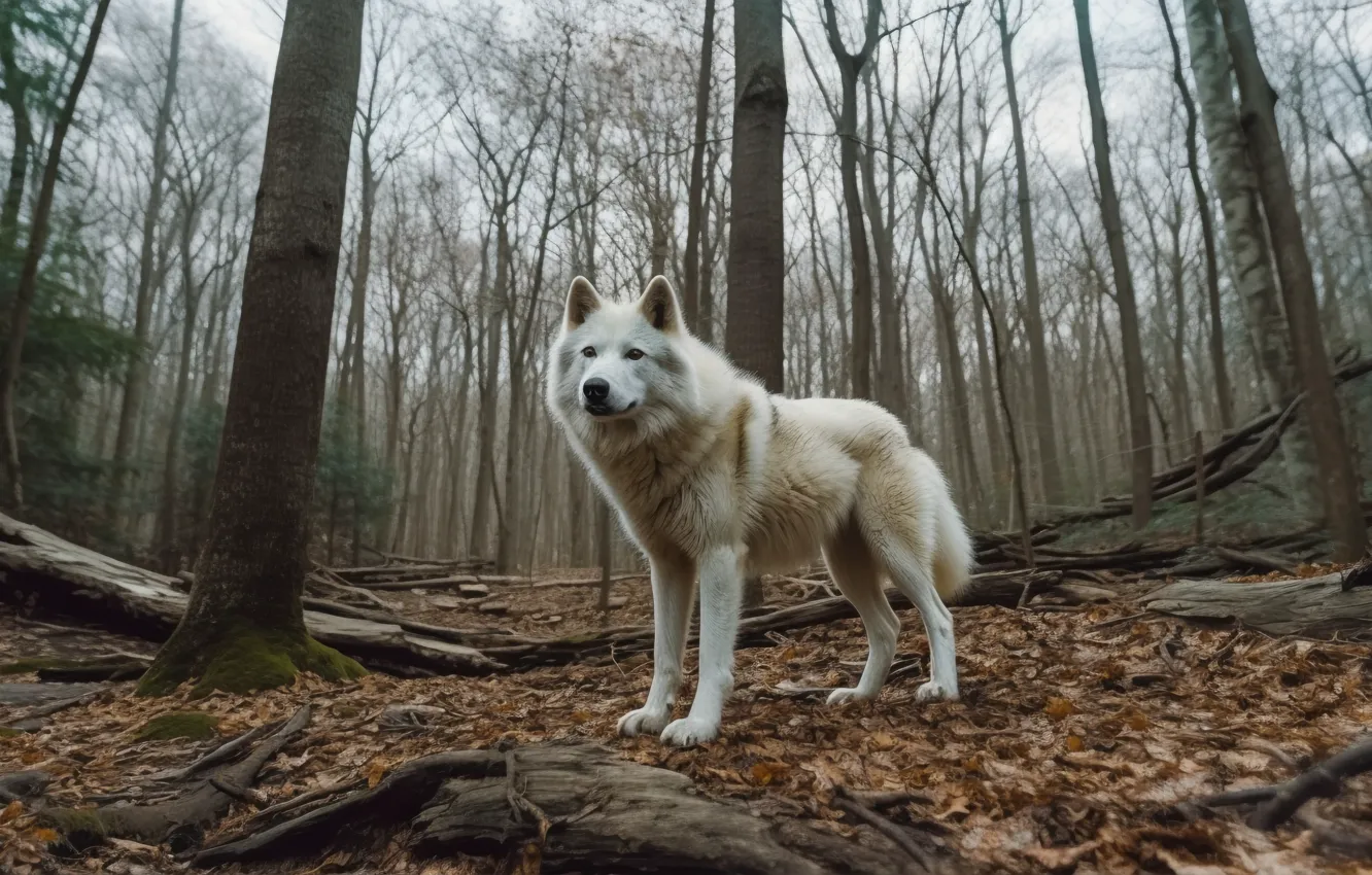 Фото обои осень, лес, белый, деревья, ветки, листва, волк, арктический