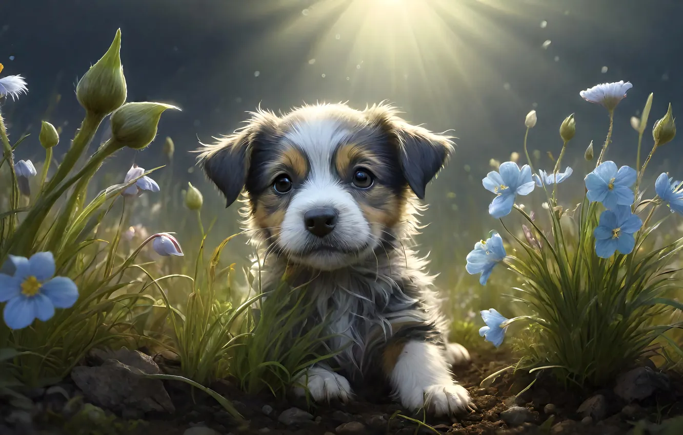 Фото обои цветы, собака, щенок, ИИ-арт, НЕЙРОСЕТЬ