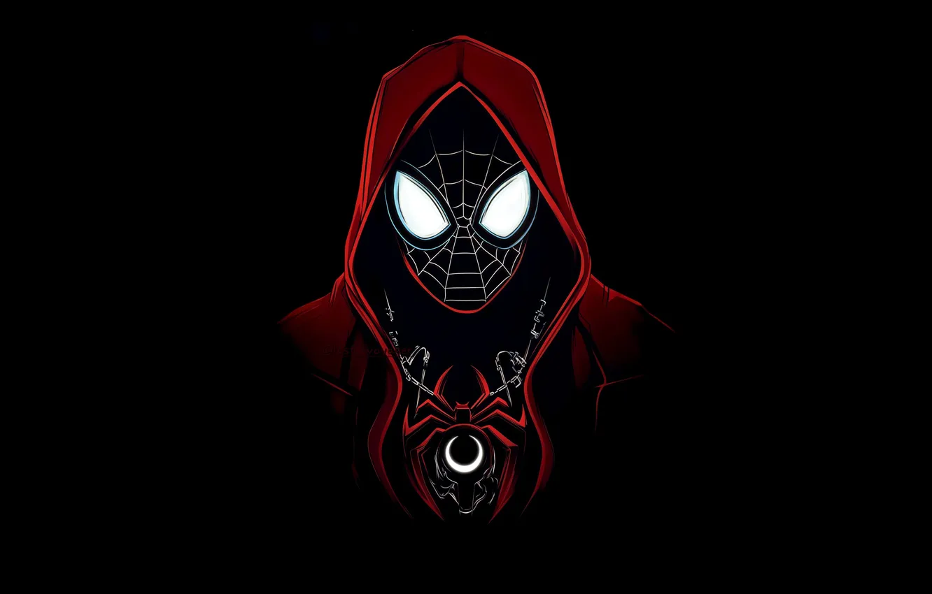 Фото обои маска, черный фон, black, супер герой, Spiderman, Miles Morales, Red Hoodie
