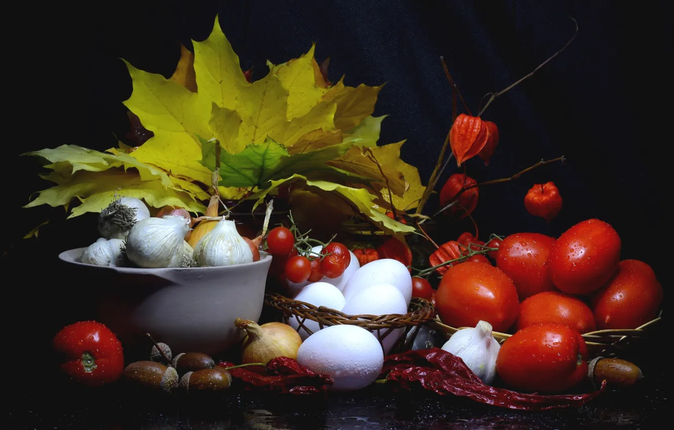 Фото обои осень, листья, яйца, урожай, лук, перец, натюрморт, помидоры