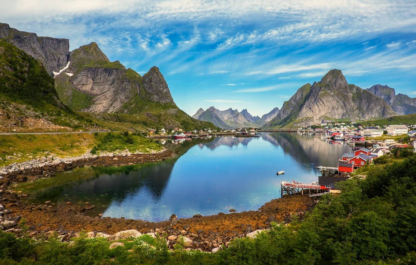 Фото обои небо, облака, деревья, горы, озеро, дом, камни, Норвегия