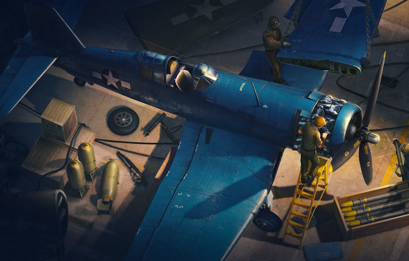 Фото обои Игра, Самолет, Истребитель, Люди, Крылья, США, Бомбы, Chance Vought F4U Corsair