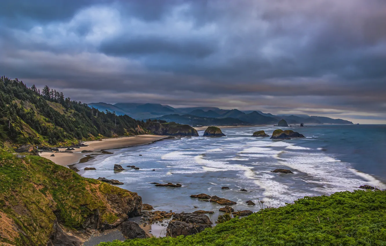 Фото обои пейзаж, тучи, природа, океан, побережье, США, United States, Oregon