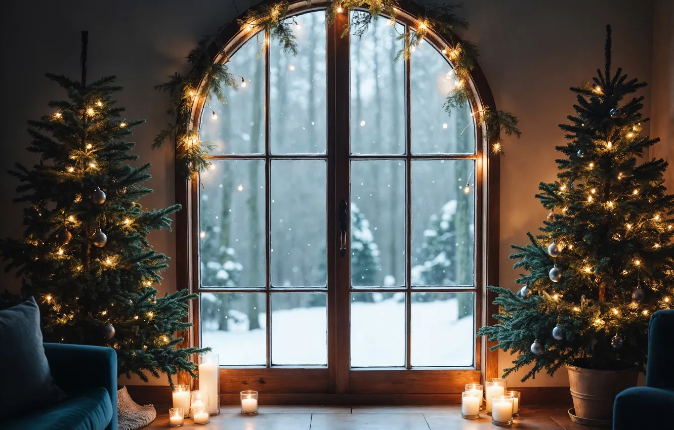 Фото обои украшения, комната, елка, интерьер, Рождество, подарки, Новый год, Christmas